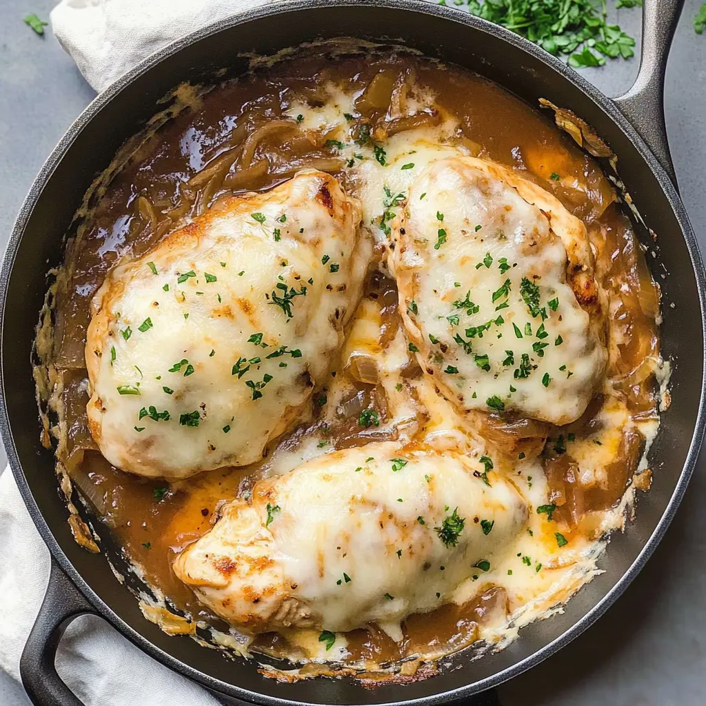 Warm your dinner table with this delightful French Onion Chicken Skillet! This one-pan meal features tender chicken smothered in rich caramelized onions and gooey cheese, providing a comforting taste of classic French flavors. Perfect for busy weeknights or cozy gatherings, save this recipe for an easy yet delectable dish the whole family will love!