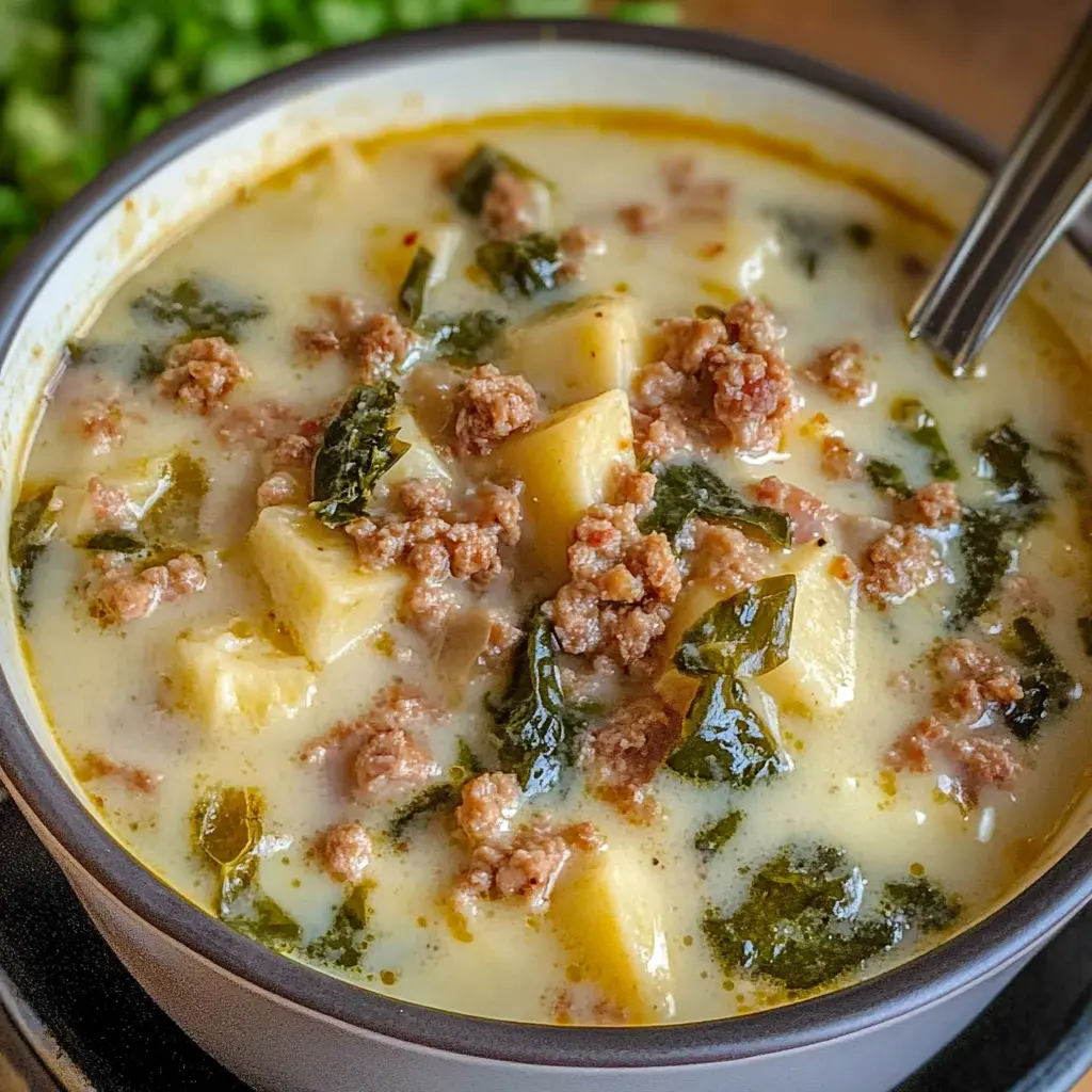 Warm up with this delicious Zuppa Toscana, a cozy and hearty soup perfect for chilly nights! Packed with savory sausage, fresh kale, and tender potatoes, this Olive Garden copycat recipe will bring comfort to your table. Save this pin for an easy dinner idea or to impress your friends at your next gathering! Enjoy this flavorful classic anytime!