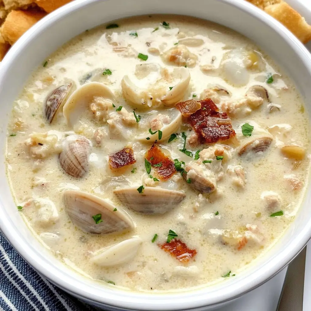 Warm up with this creamy and comforting clam chowder that's perfect for chilly days! Made with tender clams, crispy bacon, and hearty potatoes, this dish brings a taste of New England right to your kitchen. Save this easy recipe to enjoy as a cozy dinner or impressive dish for your next gathering!