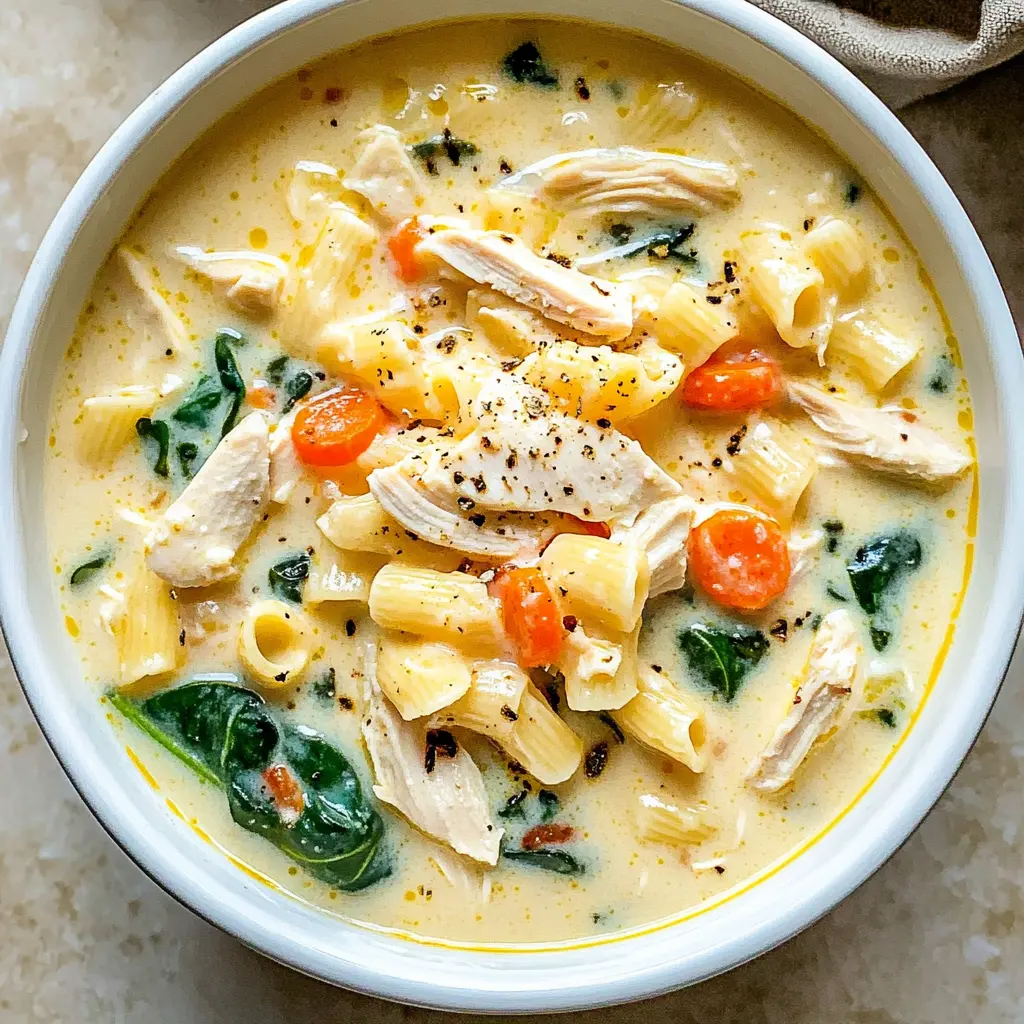 Warm up your day with this comforting Creamy Chicken Soup featuring tender pasta and fresh spinach. This recipe combines creamy goodness with flavorful chicken, making it a perfect dish for chilly nights or family gatherings. Don’t forget to save this easy-to-make soup for future cozy meals!