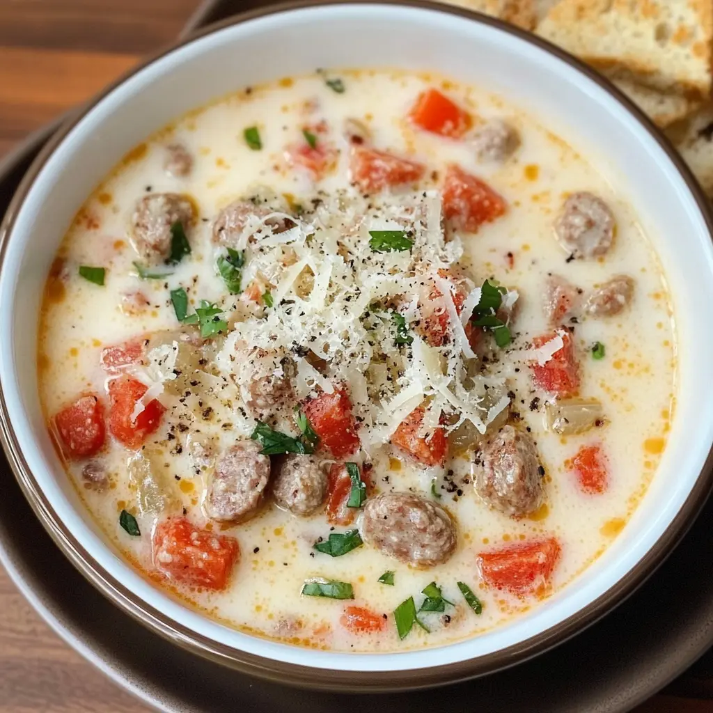 Warm up with a bowl of Creamy Parmesan Italian Sausage Soup! This comforting dish features hearty Italian sausage, rich parmesan cheese, and fresh vegetables, all simmered to perfection. It's a delightful way to cozy up during chilly evenings. Don't forget to save this recipe for a quick weeknight dinner or a cozy gathering with friends!