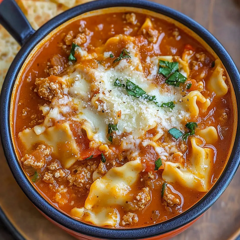 This Easy Lasagna Soup is a warm hug in a bowl! Packed with layers of flavor from rich marinara, gooey mozzarella, and hearty pasta, it’s a simple yet satisfying dish the whole family will love. Perfect for cozy nights or meal prep. Save this recipe for your next dinner idea and enjoy a comforting bowl of goodness!