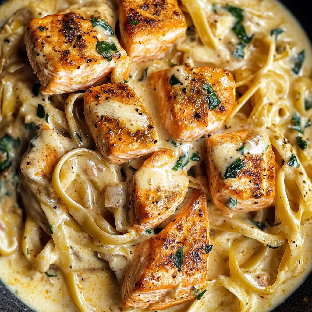 Quick, creamy Cajun Salmon Alfredo is the perfect dish for a cozy dinner! This recipe features tender salmon cooked in a zesty Cajun spice, paired with a rich and velvety Alfredo sauce. Ideal for impressing guests or enjoying a comforting meal at home. Save this recipe now to spice up your weeknight dinners or special occasions!