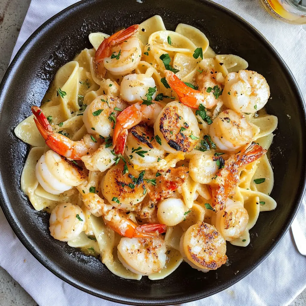 This Seafood Pasta with Shrimp and Scallops is a delightful dish bursting with flavor! Enjoy tender shrimp and succulent scallops paired with a light garlic sauce, complemented by fresh herbs. Perfect for a weeknight dinner or a special occasion, it's sure to impress your family and friends. Save this recipe to make your next meal unforgettable!