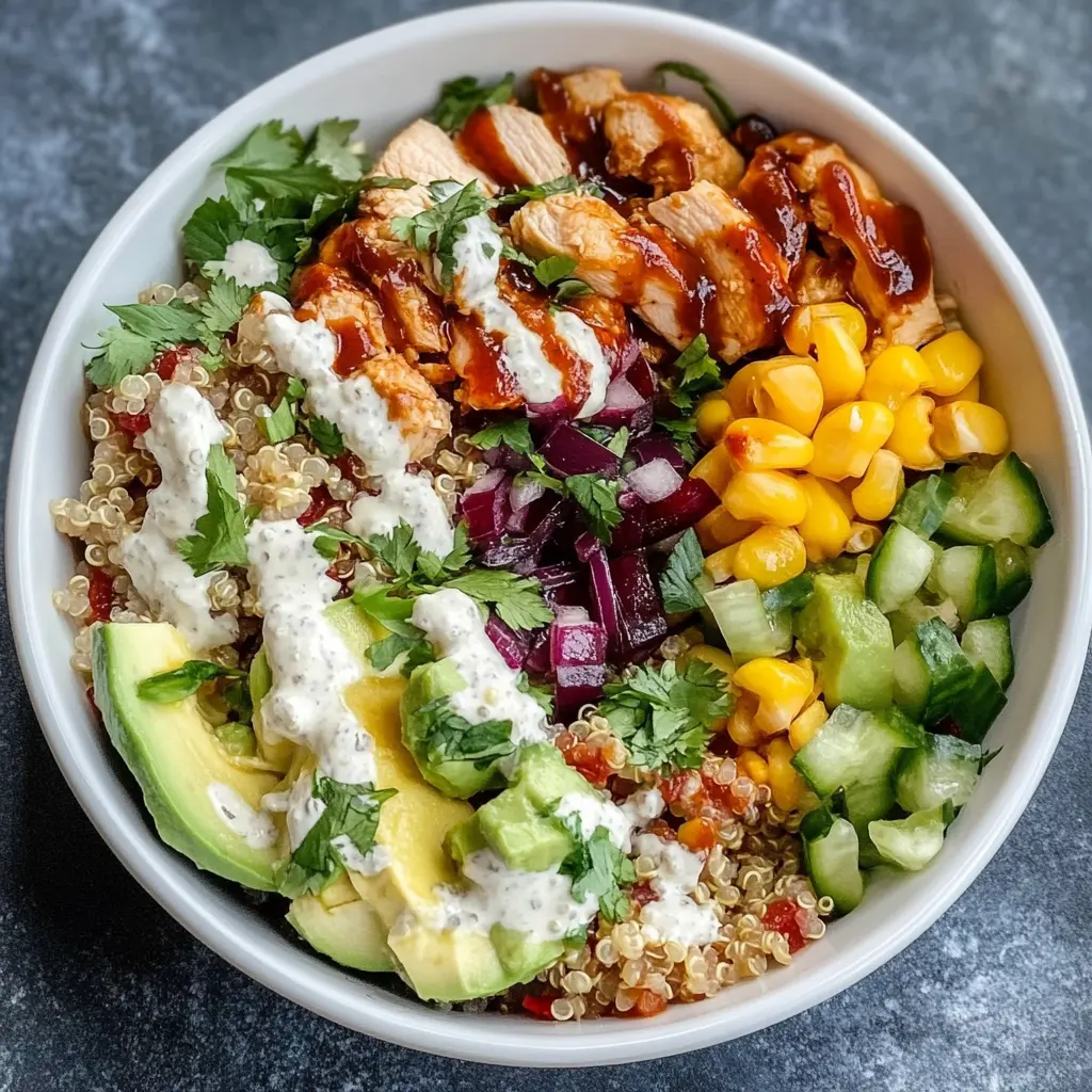 Get ready for a deliciously healthy meal with these BBQ Ranch Chicken Quinoa Bowls! Packed with flavorful grilled chicken, quinoa, and fresh veggies, each bite is a wonderful blend of textures and tastes. Perfect for lunch or dinner, this recipe is quick to make and sure to please the whole family. Don't forget to save this recipe for your next meal prep!