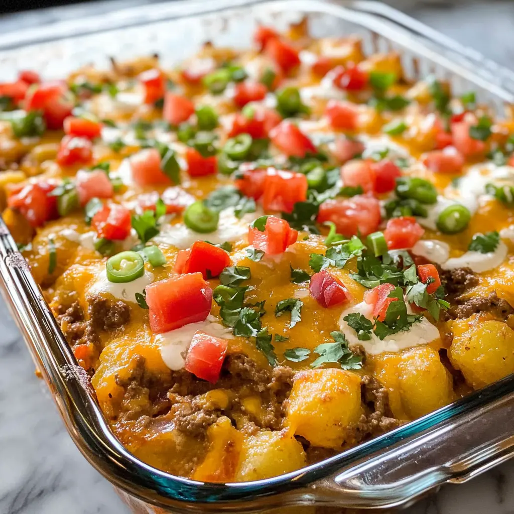 This Taco Tater Casserole combines creamy flavors with crispy tater tots for a fun twist on dinner! Packed with seasoned beef, cheese, and vibrant veggies, this dish is perfect for family gatherings or a cozy weeknight meal. Save this tasty recipe for a delicious and satisfying dinner option everyone will love!